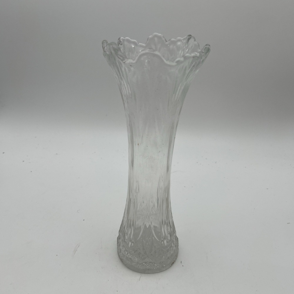 Vintage Glass Swung Vase 9" Ribbed, Star bottom MCM Clear